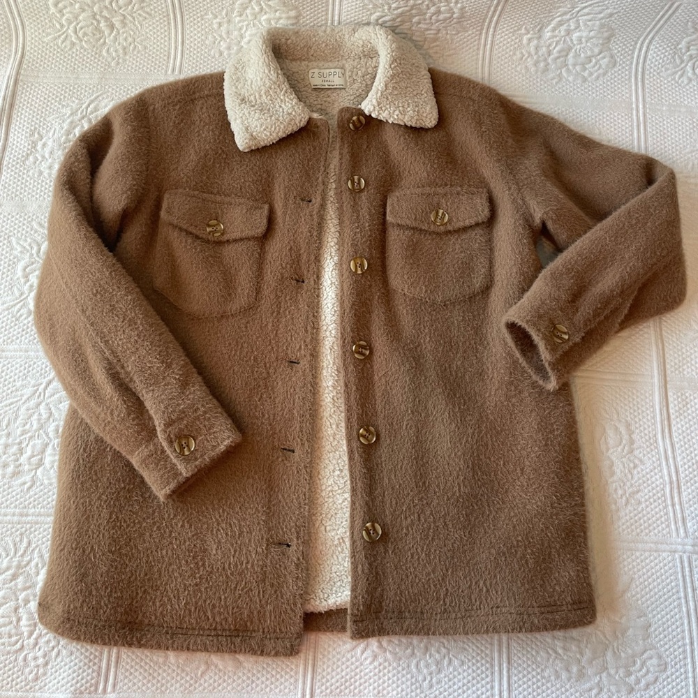 Z Supply Jordan Jacket Sweater Knit/Sherpa Campfire Tan/Brown/Cream XS - Picture 3 of 15